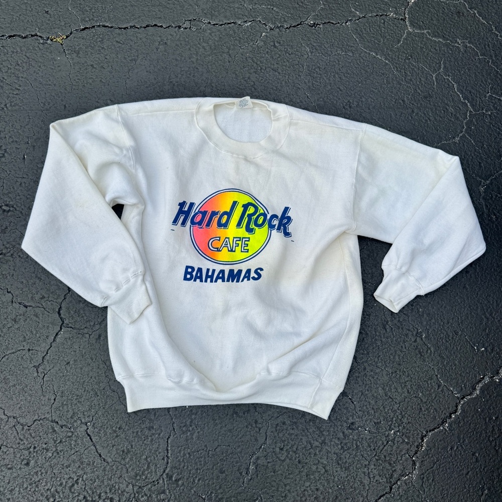Vintage Hard Rock Cafe Bahamas White Sweatshirt with Neon Gradient XL